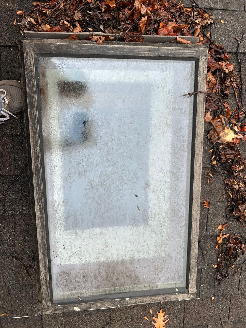 A dirty window frame on a roof with fallen leaves and debris nearby.